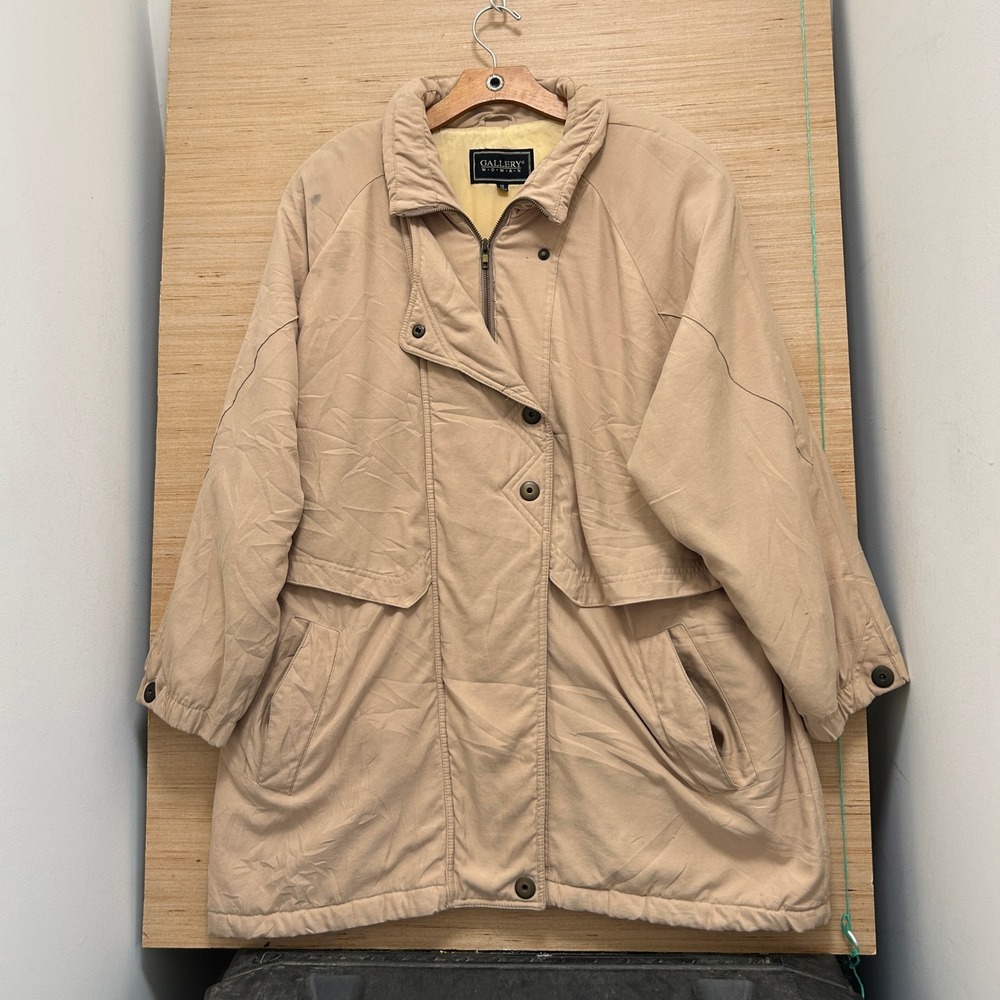 Gallery Woman Vintage Tan Parka Jacket Plus Size 1X Funnel Neck Beige Coat